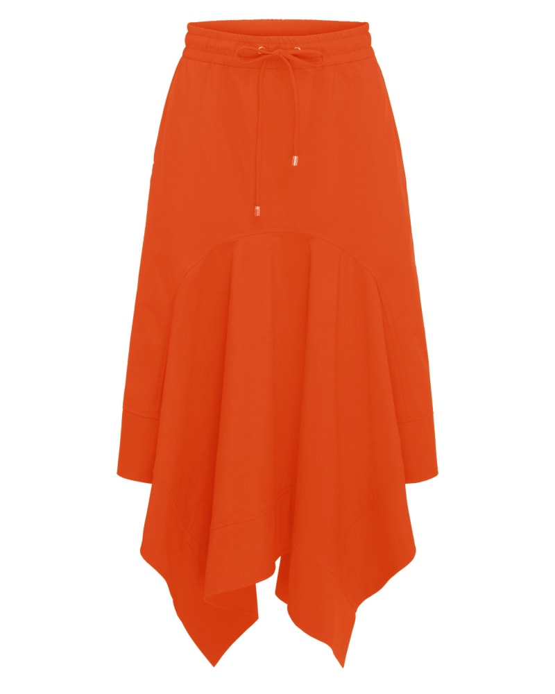 Front of a size XL Handkerchief Midi Skirt in Coral by Hilary MacMillan. | dia_product_style_image_id:352640